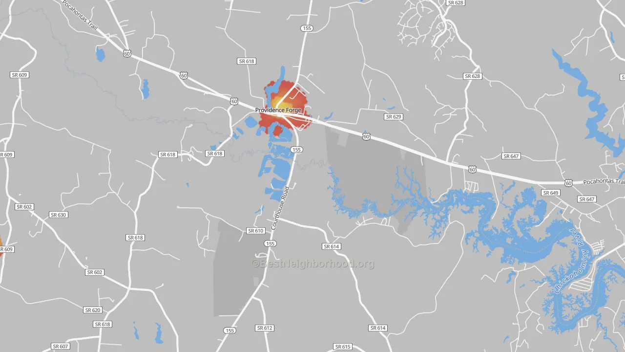 Walk Grade map of Roxbury, VA, walkable areas in green and car-dependent areas in red
