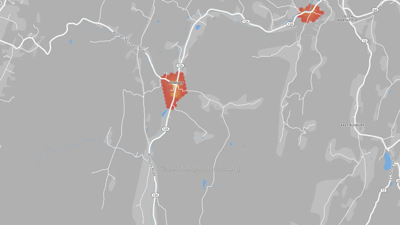 Walk Grade map of Roxbury, VT, walkable areas in green and car-dependent areas in red