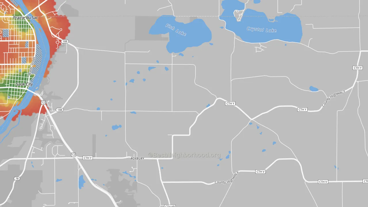 Walk Grade map of Roxbury, WI, walkable areas in green and car-dependent areas in red