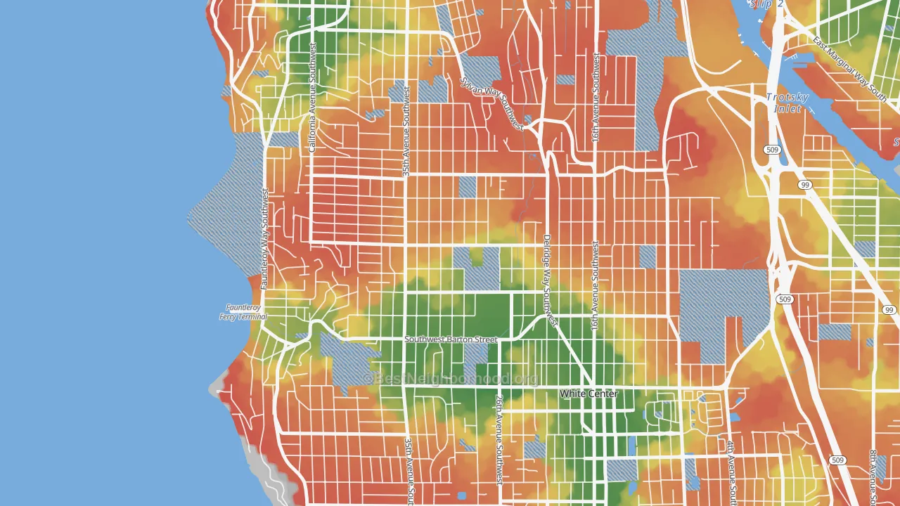 Walk Grade map of Roxhill, Seattle, WA, walkable areas in green and car-dependent areas in red