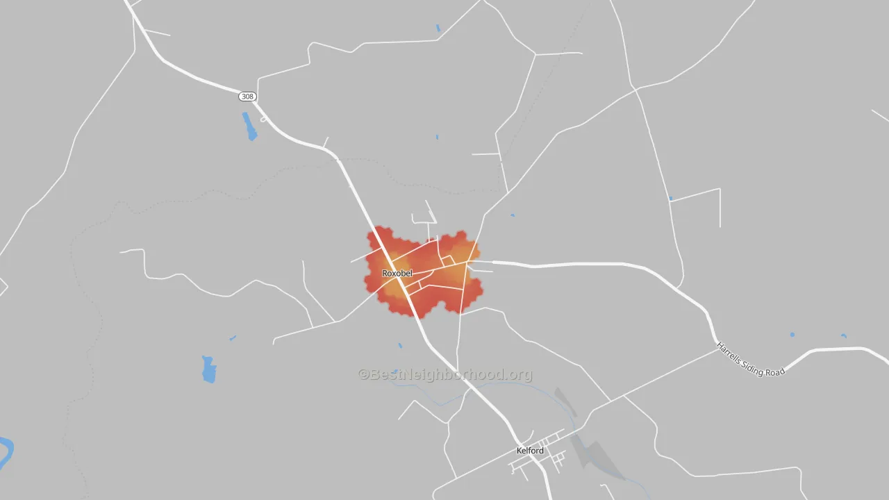 Walk Grade map of Roxobel, NC, walkable areas in green and car-dependent areas in red