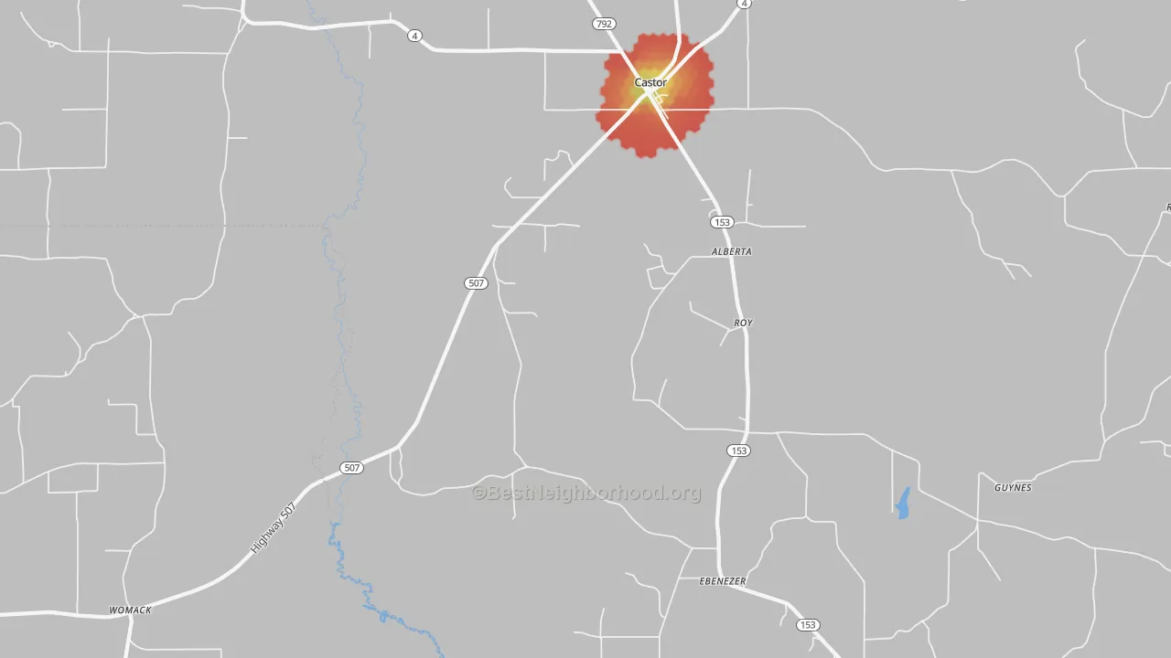 Walk Grade map of Roy, LA, walkable areas in green and car-dependent areas in red