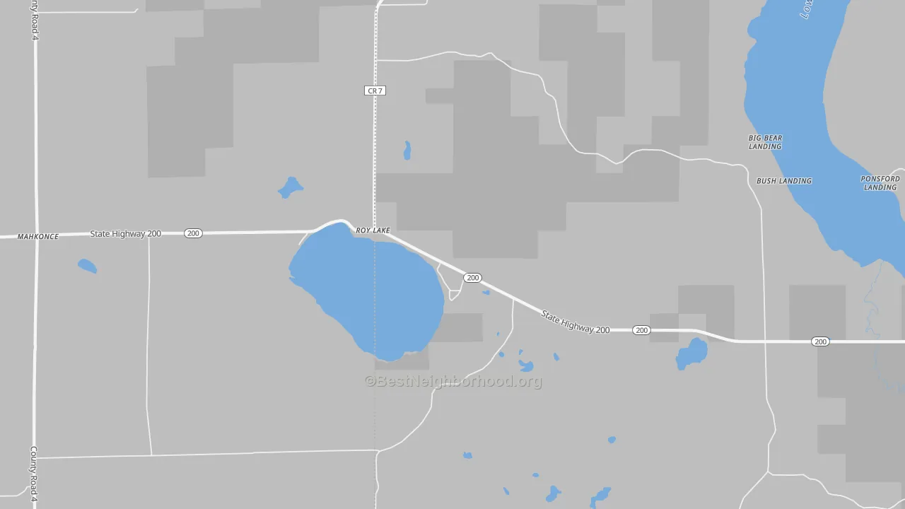 Walk Grade map of Roy Lake, MN, walkable areas in green and car-dependent areas in red