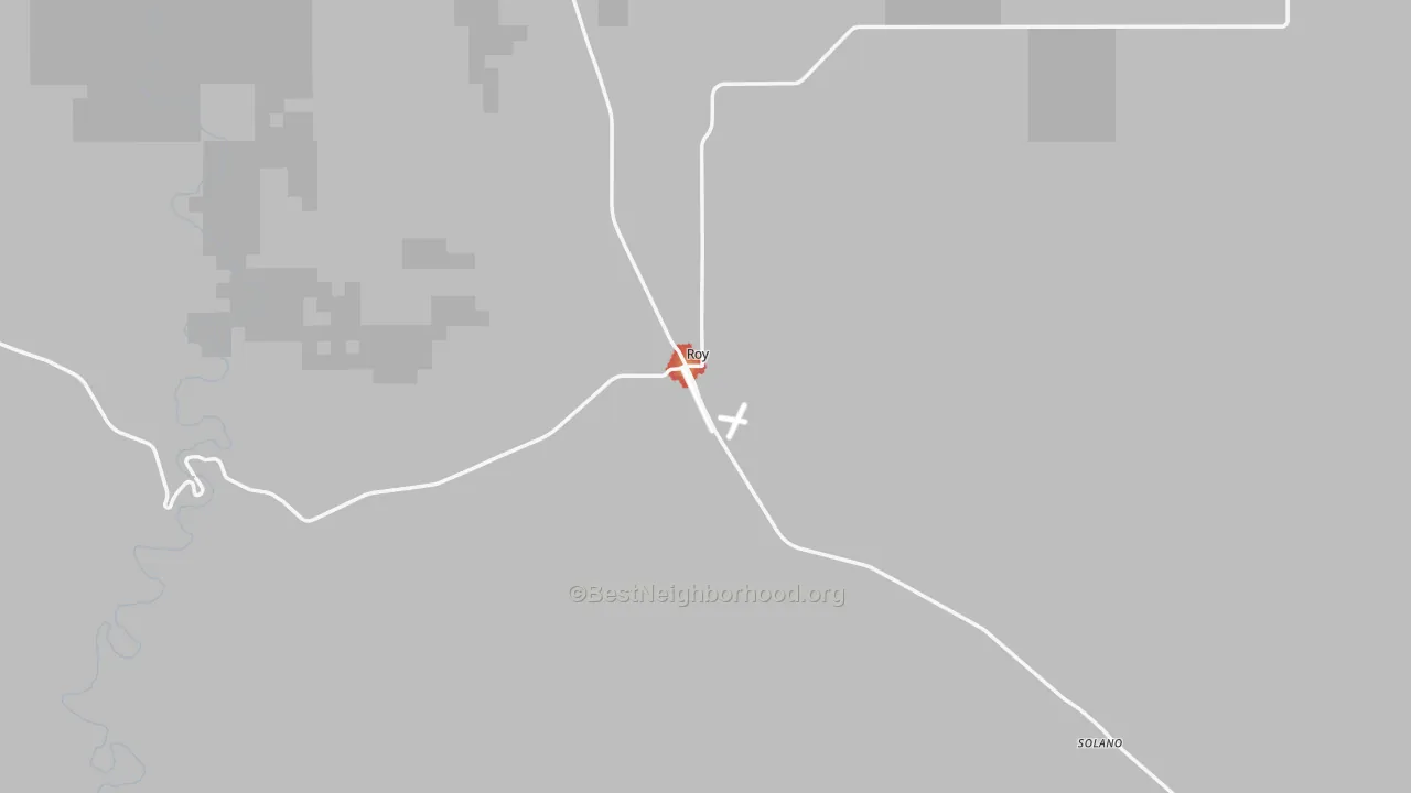 Walk Grade map of Roy, NM, walkable areas in green and car-dependent areas in red
