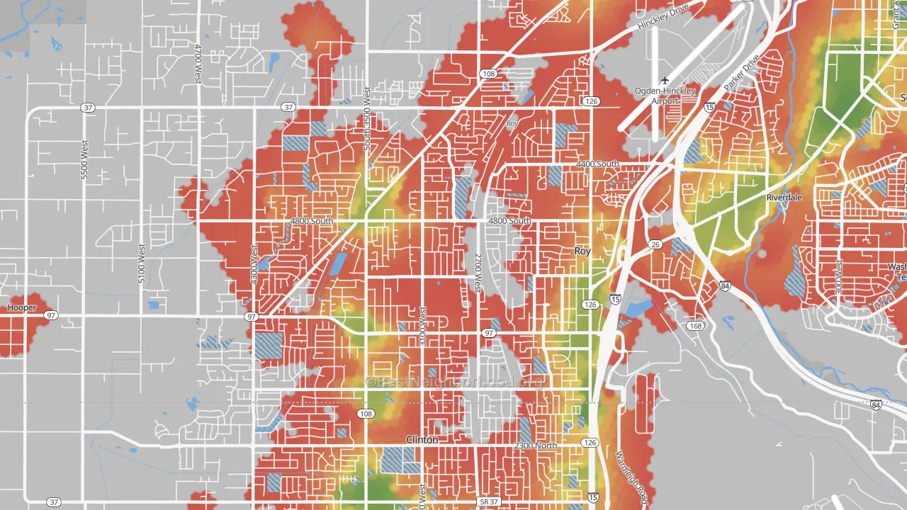 Walk Grade map of Roy, UT, walkable areas in green and car-dependent areas in red