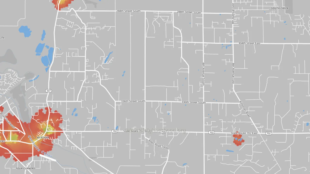 Walk Grade map of Roy, WA, walkable areas in green and car-dependent areas in red