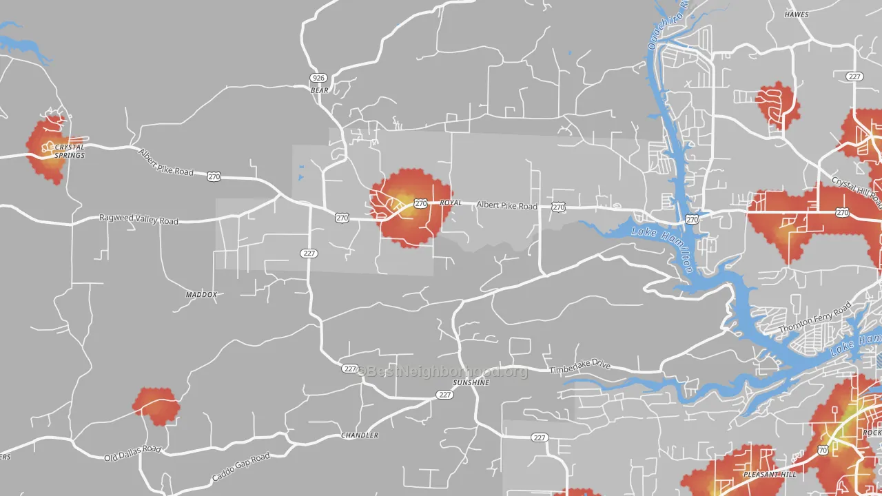 Walk Grade map of Royal, AR, walkable areas in green and car-dependent areas in red