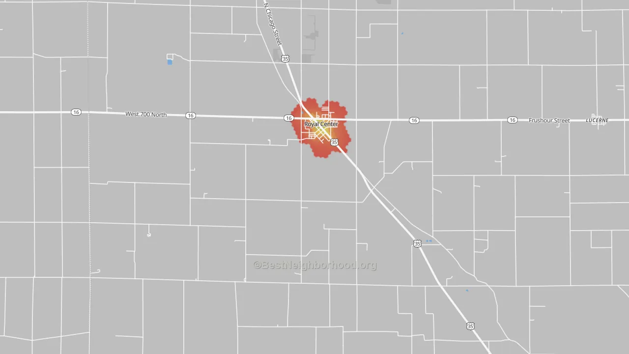 Walk Grade map of Royal Center, IN, walkable areas in green and car-dependent areas in red