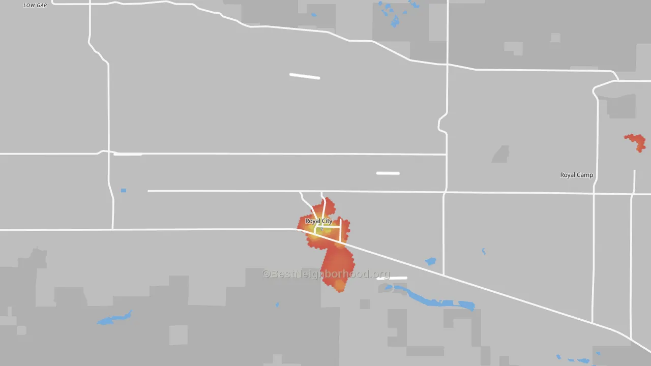 Walk Grade map of Royal City, WA, walkable areas in green and car-dependent areas in red