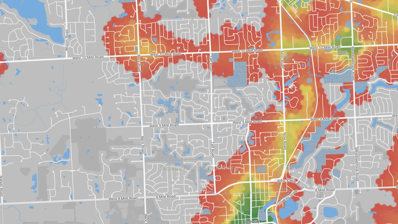 Walk Grade map of Royal Crown Estates, Novi, MI, walkable areas in green and car-dependent areas in red