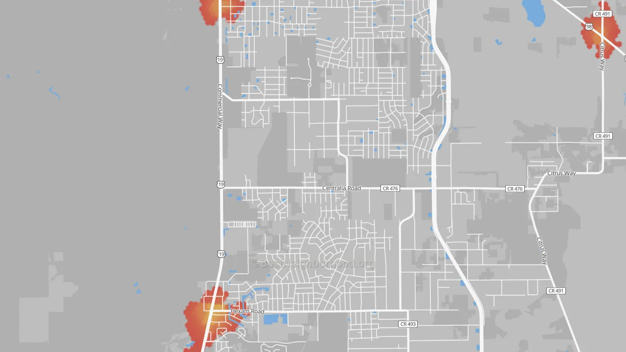 Walk Grade map of Royal Highlands, Brooksville, FL, walkable areas in green and car-dependent areas in red