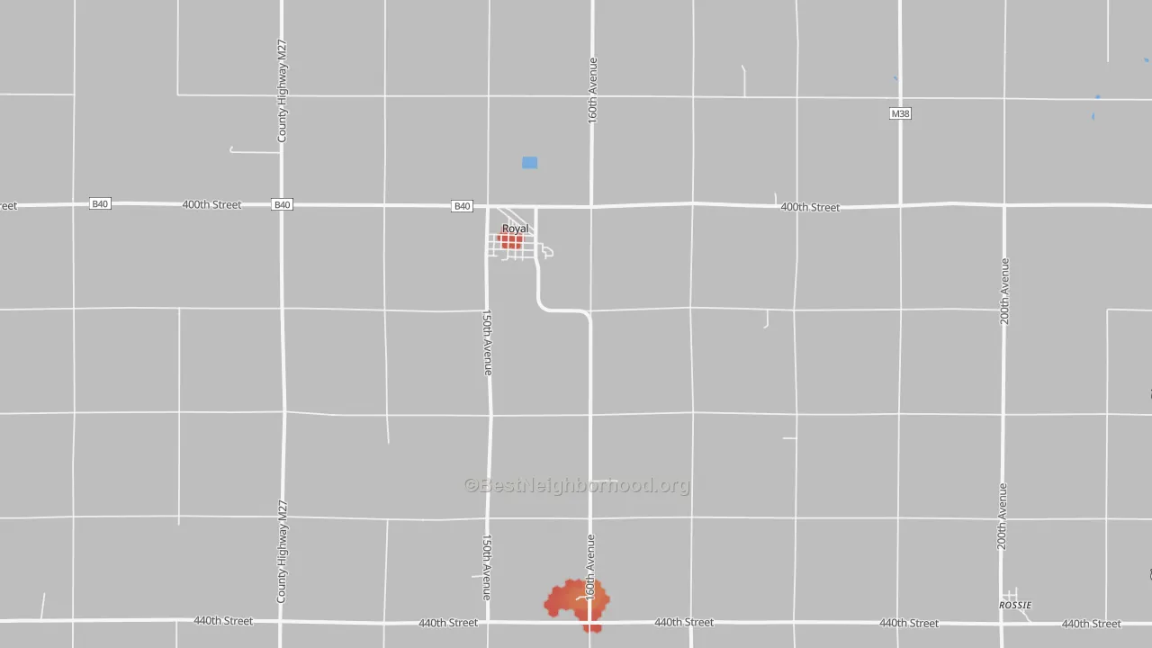 Walk Grade map of Royal, IA, walkable areas in green and car-dependent areas in red