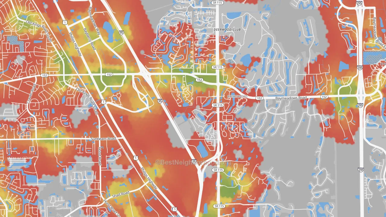 Walk Grade map of Royal Lakes, Jacksonville, FL, walkable areas in green and car-dependent areas in red