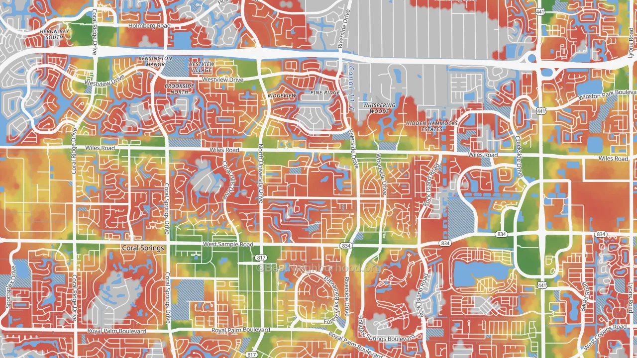 Walk Grade map of Royal Land, Coral Springs, FL, walkable areas in green and car-dependent areas in red