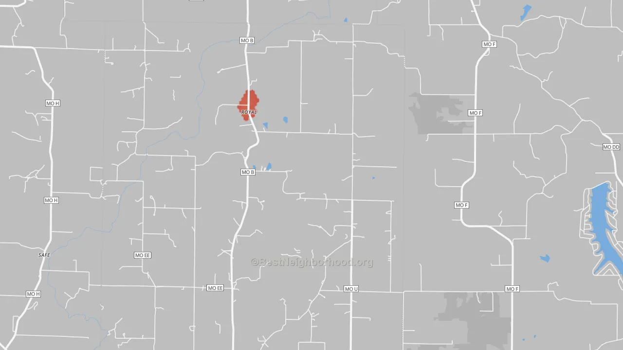 Walk Grade map of Royal, MO, walkable areas in green and car-dependent areas in red