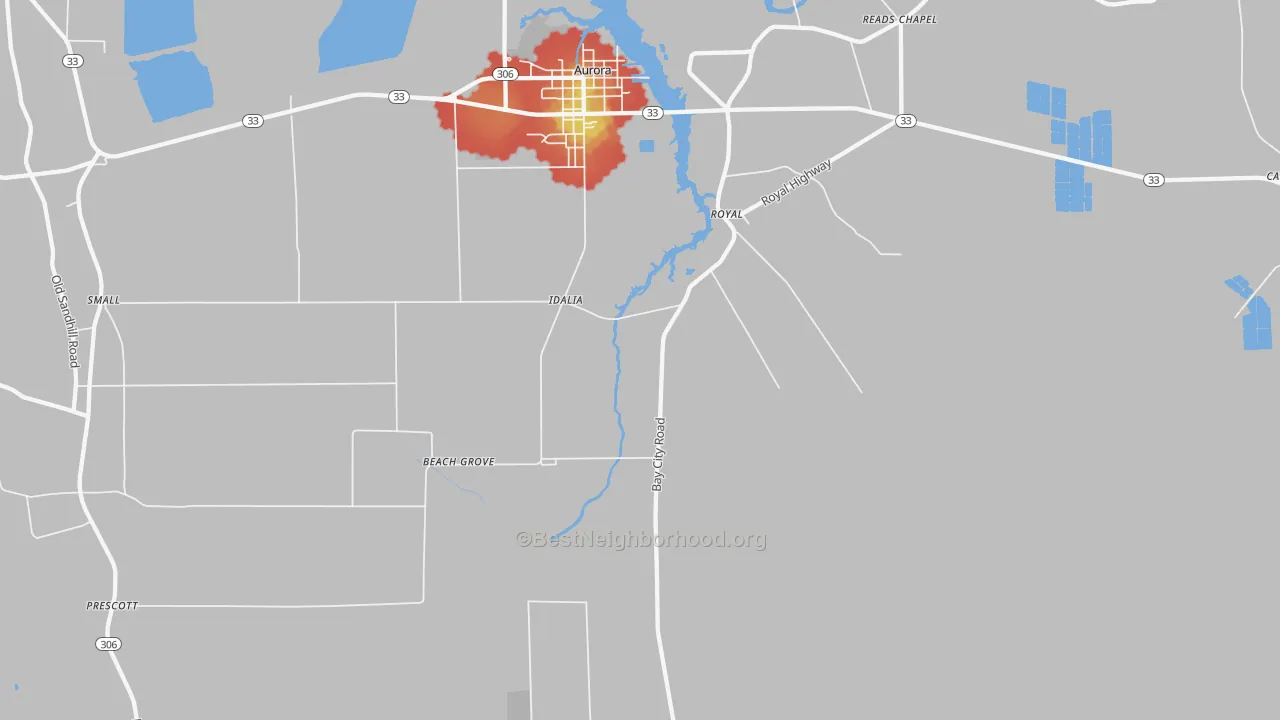 Walk Grade map of Royal, NC, walkable areas in green and car-dependent areas in red