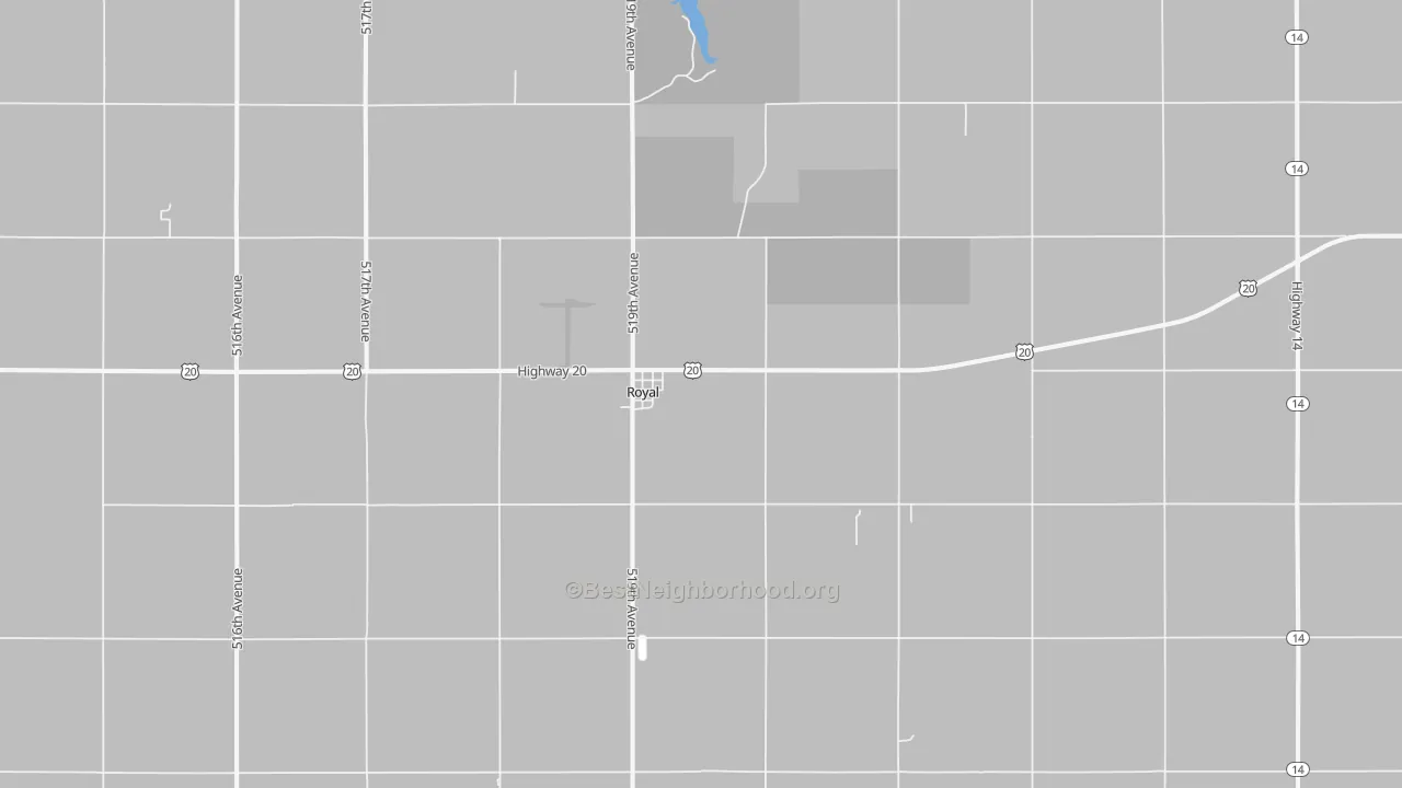 Walk Grade map of Royal, NE, walkable areas in green and car-dependent areas in red