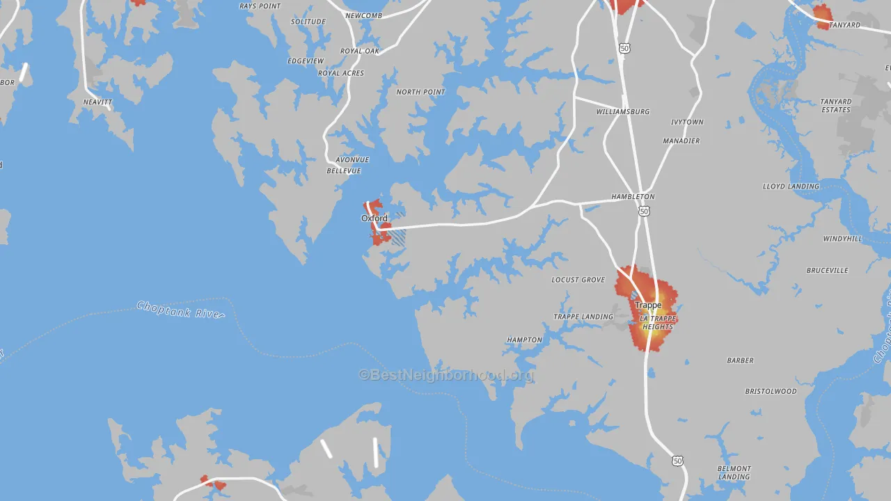Walk Grade map of Royal Oak, MD, walkable areas in green and car-dependent areas in red