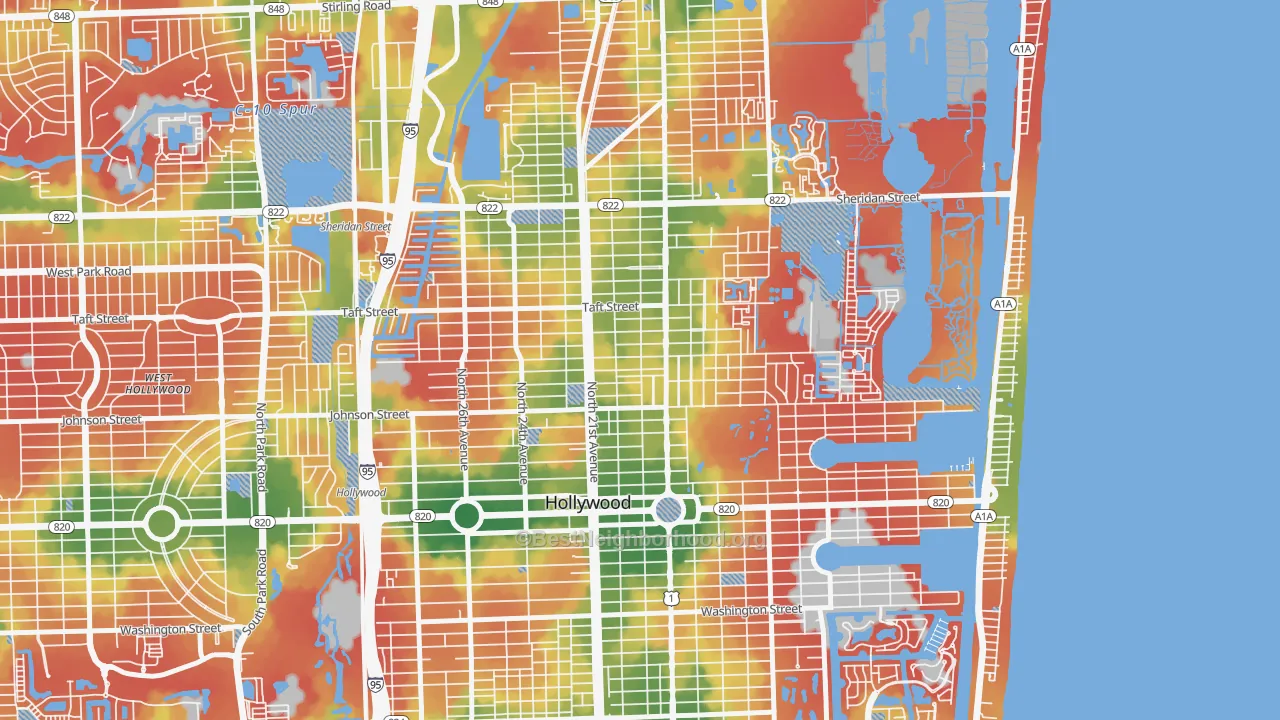 Walk Grade map of Royal Poinciana, Hollywood, FL, walkable areas in green and car-dependent areas in red