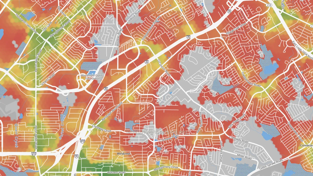Walk Grade map of Royal Ridge, San Antonio, TX, walkable areas in green and car-dependent areas in red
