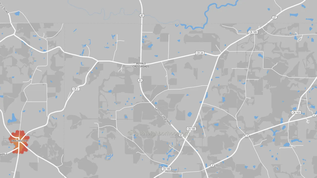 Walk Grade map of Royals Crossroads, FL, walkable areas in green and car-dependent areas in red