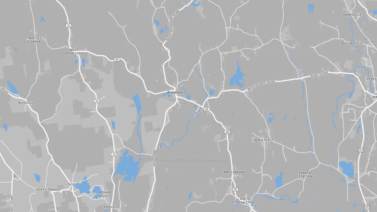 Walk Grade map of Royalston, MA, walkable areas in green and car-dependent areas in red