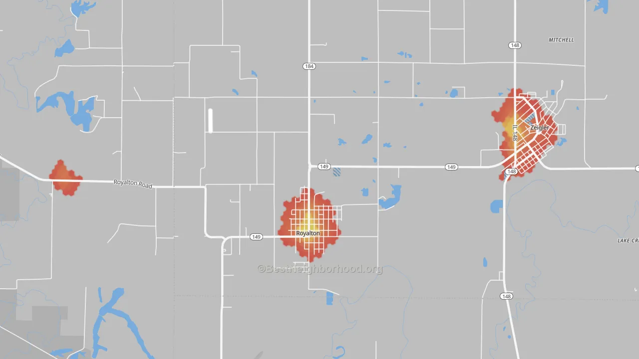 Walk Grade map of Royalton, IL, walkable areas in green and car-dependent areas in red