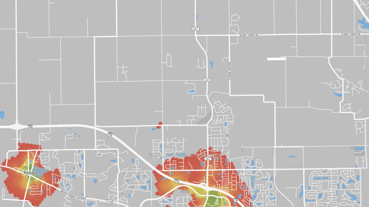 Walk Grade map of Royalton, IN, walkable areas in green and car-dependent areas in red