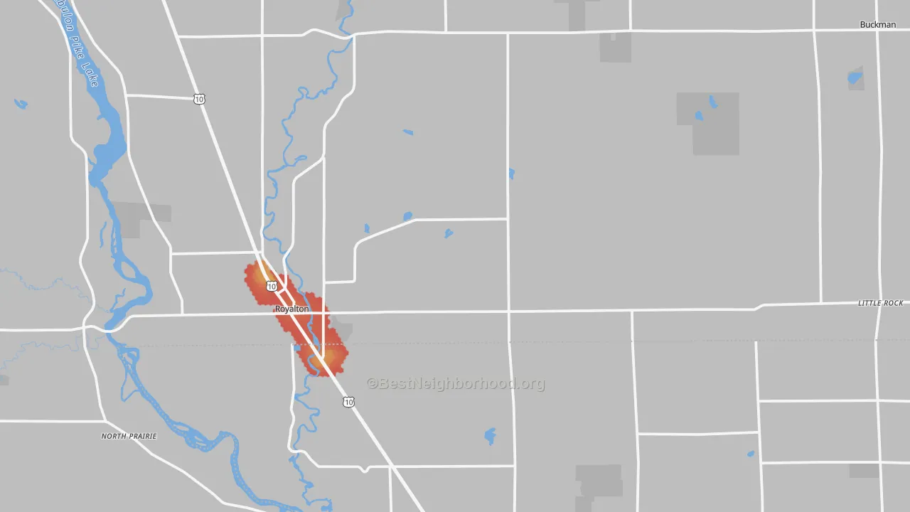 Walk Grade map of Royalton, MN, walkable areas in green and car-dependent areas in red