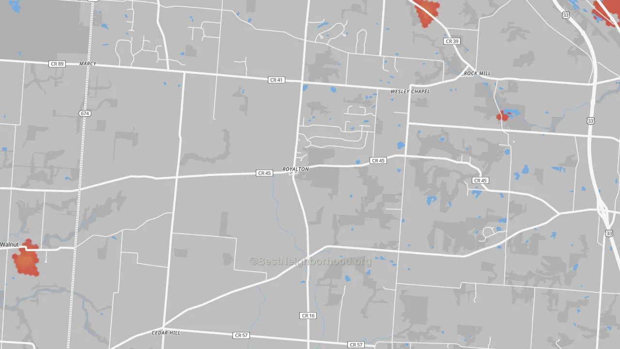 Walk Grade map of Royalton, OH, walkable areas in green and car-dependent areas in red