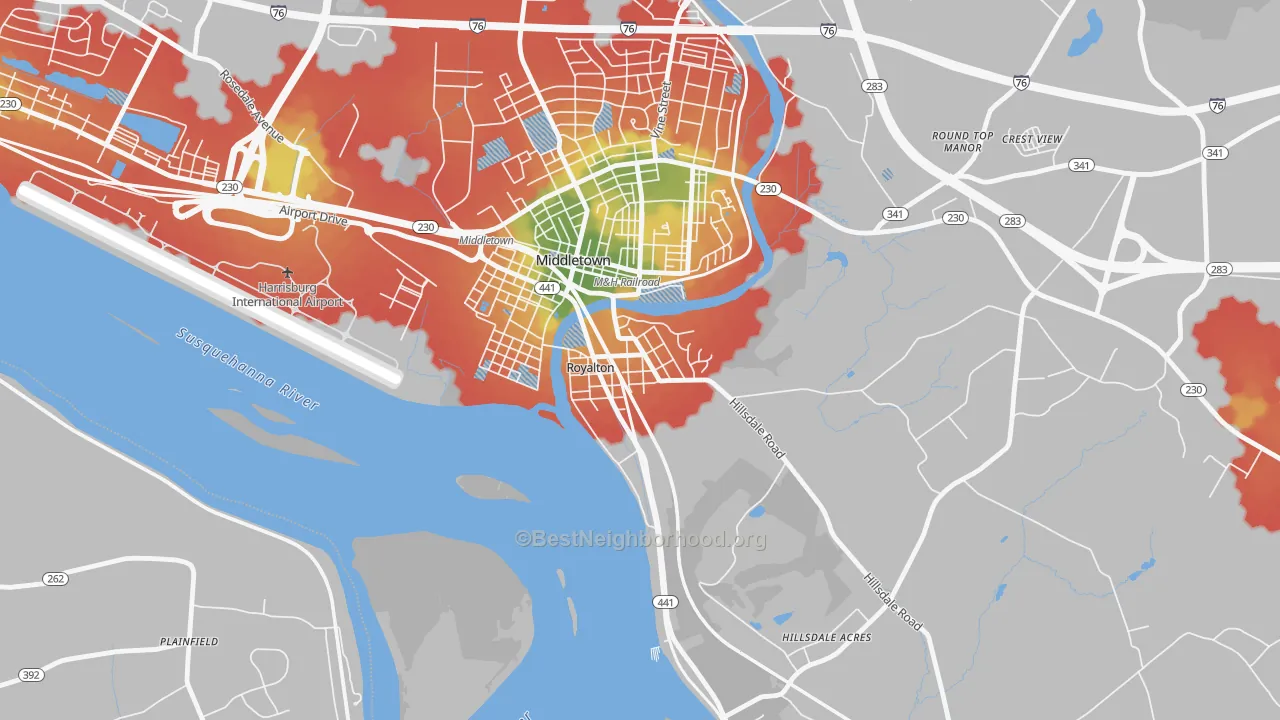 Walk Grade map of Royalton, PA, walkable areas in green and car-dependent areas in red