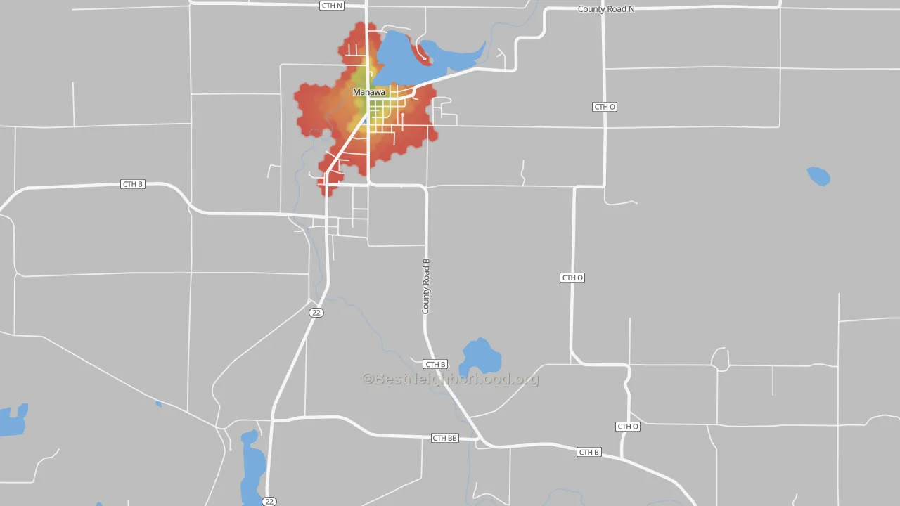 Walk Grade map of Royalton, WI, walkable areas in green and car-dependent areas in red