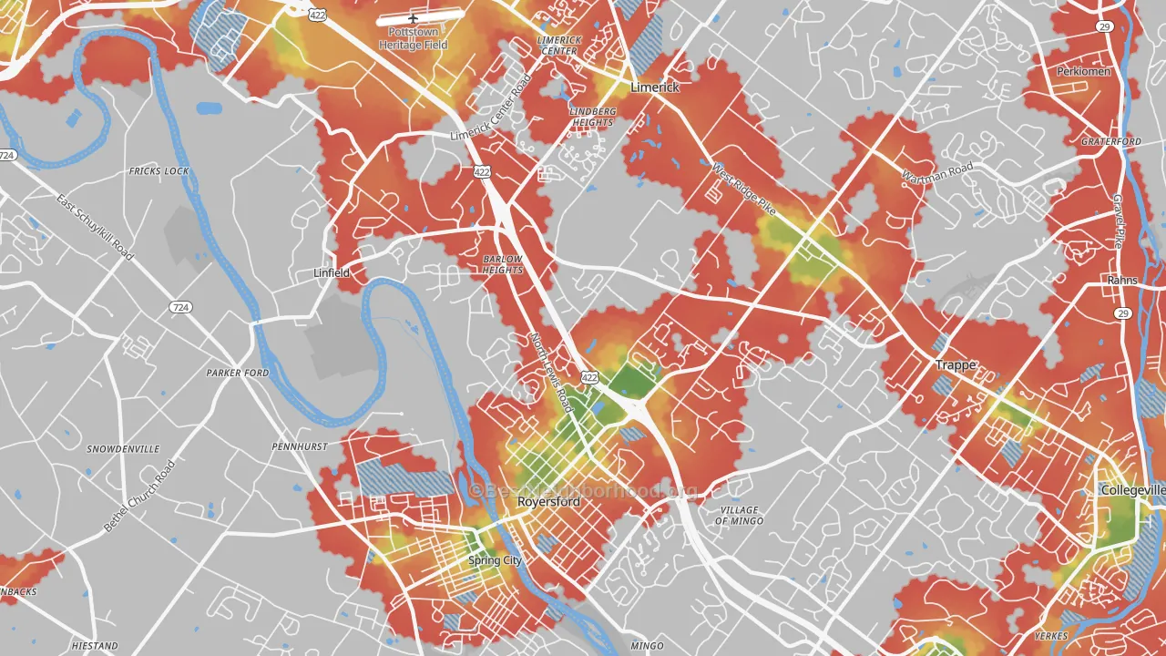 Walk Grade map of Royersford, PA, walkable areas in green and car-dependent areas in red