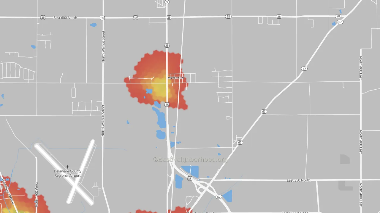 Walk Grade map of Royerton, IN, walkable areas in green and car-dependent areas in red
