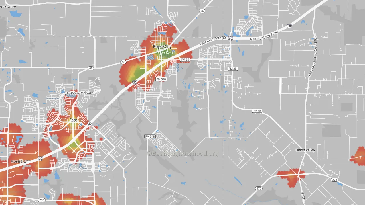 Walk Grade map of Royse City, TX, walkable areas in green and car-dependent areas in red