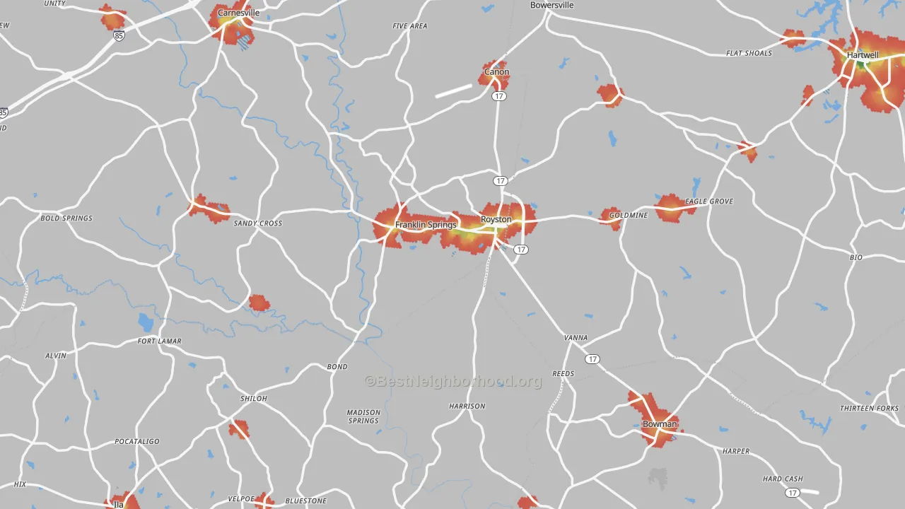 Walk Grade map of Royston, GA, walkable areas in green and car-dependent areas in red