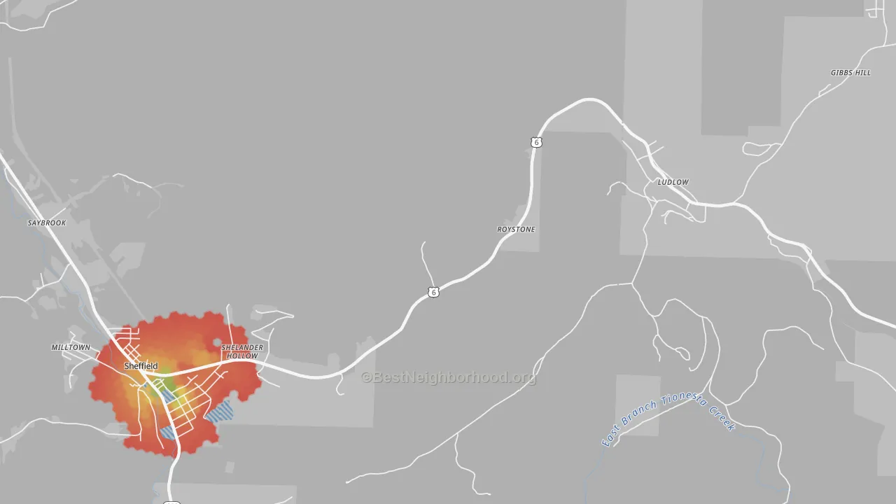 Walk Grade map of Roystone, PA, walkable areas in green and car-dependent areas in red