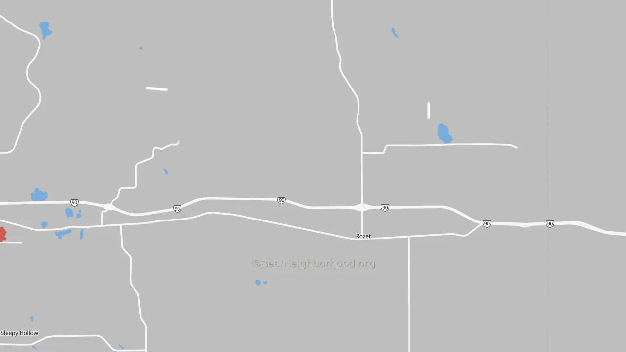 Walk Grade map of Rozet, WY, walkable areas in green and car-dependent areas in red