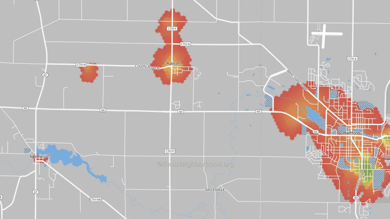 Walk Grade map of Rubicon, WI, walkable areas in green and car-dependent areas in red