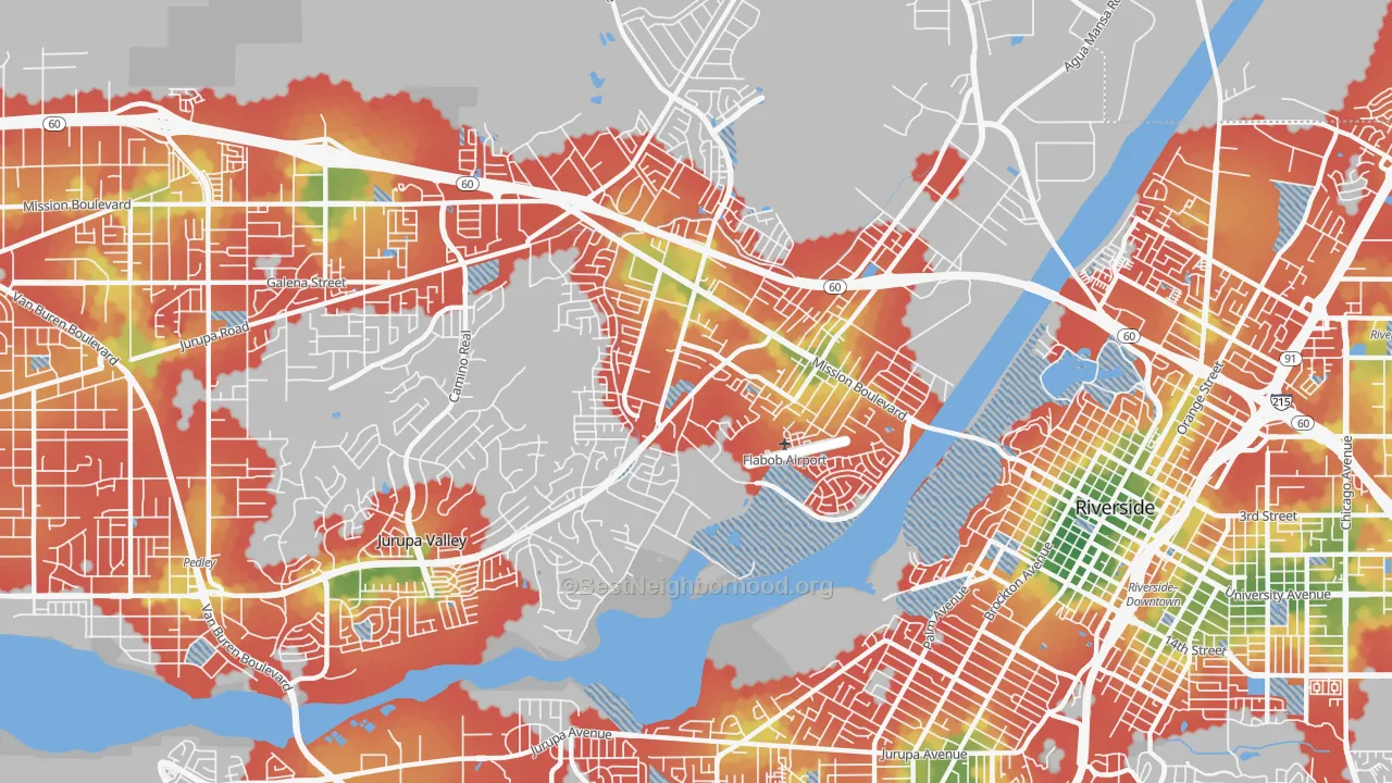 Walk Grade map of Rubidoux, CA, walkable areas in green and car-dependent areas in red