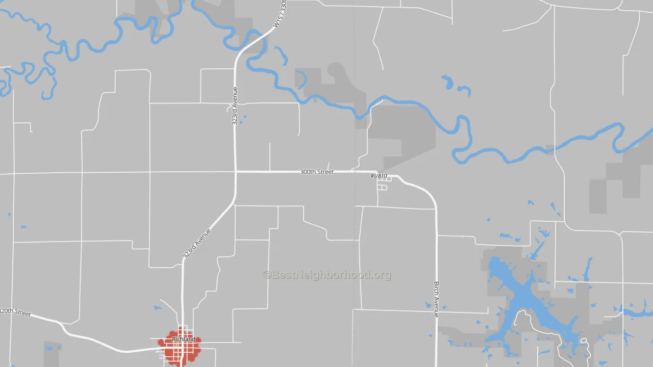 Walk Grade map of Rubio, IA, walkable areas in green and car-dependent areas in red
