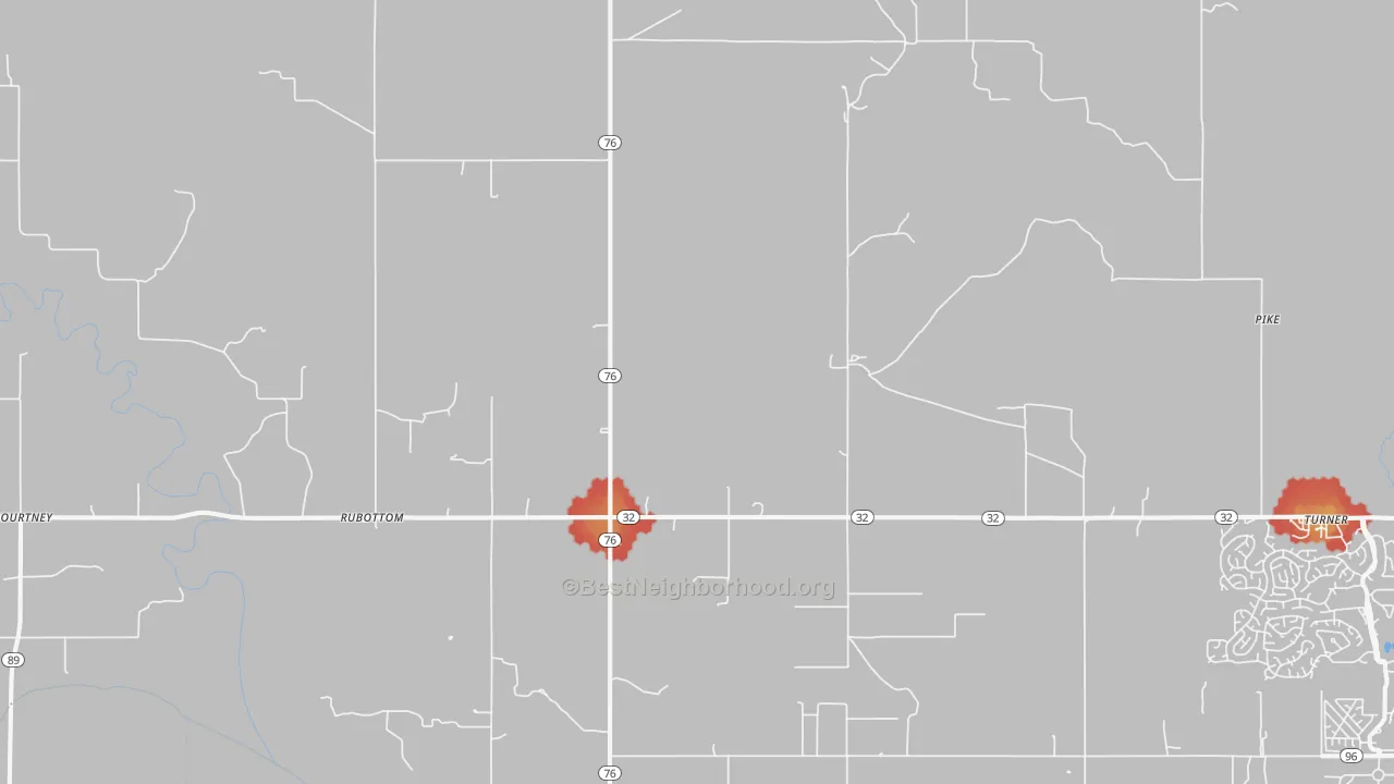 Walk Grade map of Rubottom, OK, walkable areas in green and car-dependent areas in red