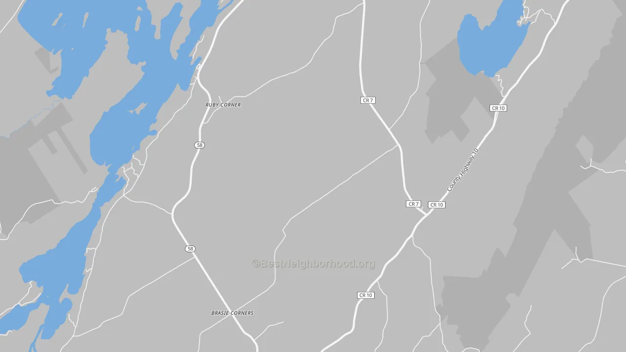 Walk Grade map of Ruby Corner, NY, walkable areas in green and car-dependent areas in red