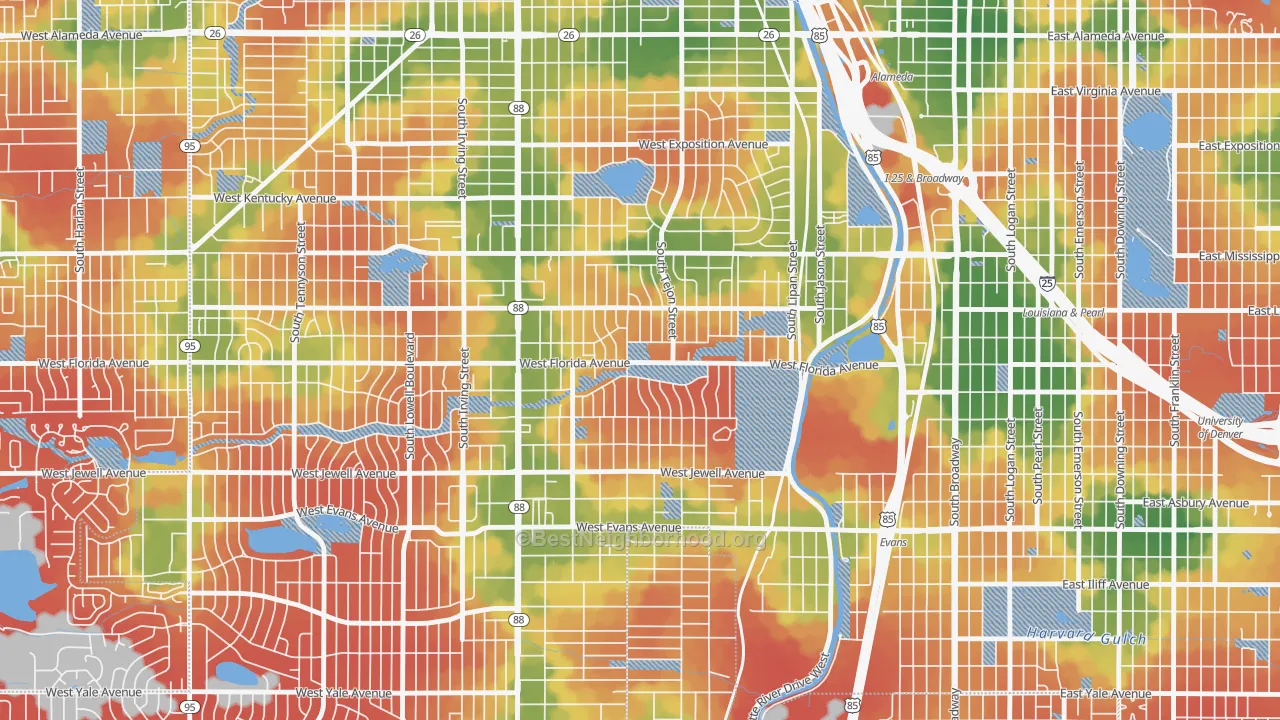 Walk Grade map of Ruby Hill, Denver, CO, walkable areas in green and car-dependent areas in red