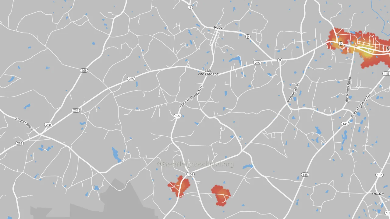 Walk Grade map of Ruby, SC, walkable areas in green and car-dependent areas in red