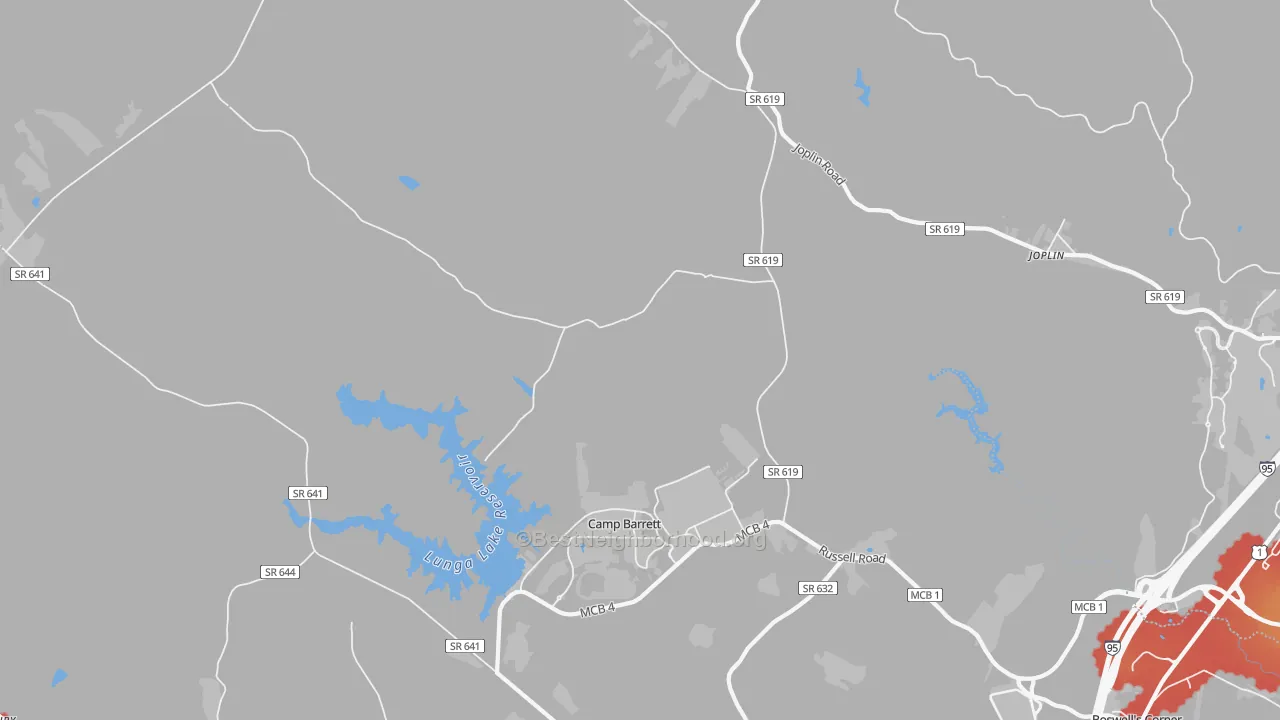 Walk Grade map of Ruby, VA, walkable areas in green and car-dependent areas in red