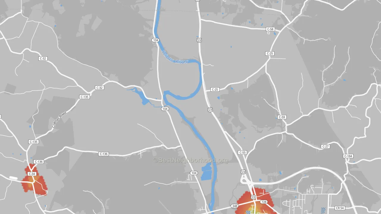 Walk Grade map of Rubyville, OH, walkable areas in green and car-dependent areas in red