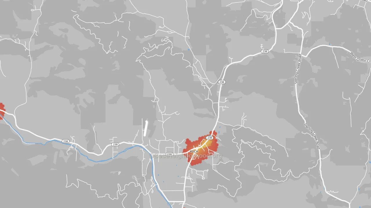 Walk Grade map of Ruch, OR, walkable areas in green and car-dependent areas in red
