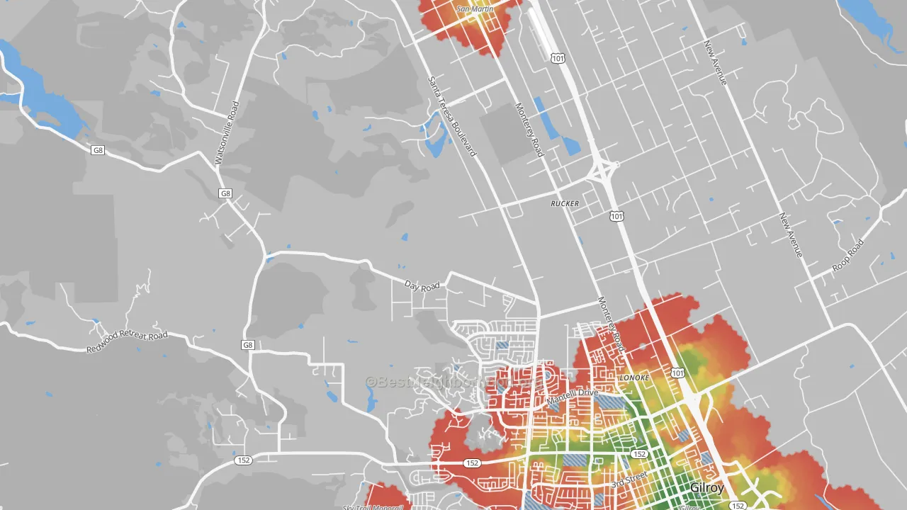Walk Grade map of Rucker, CA, walkable areas in green and car-dependent areas in red