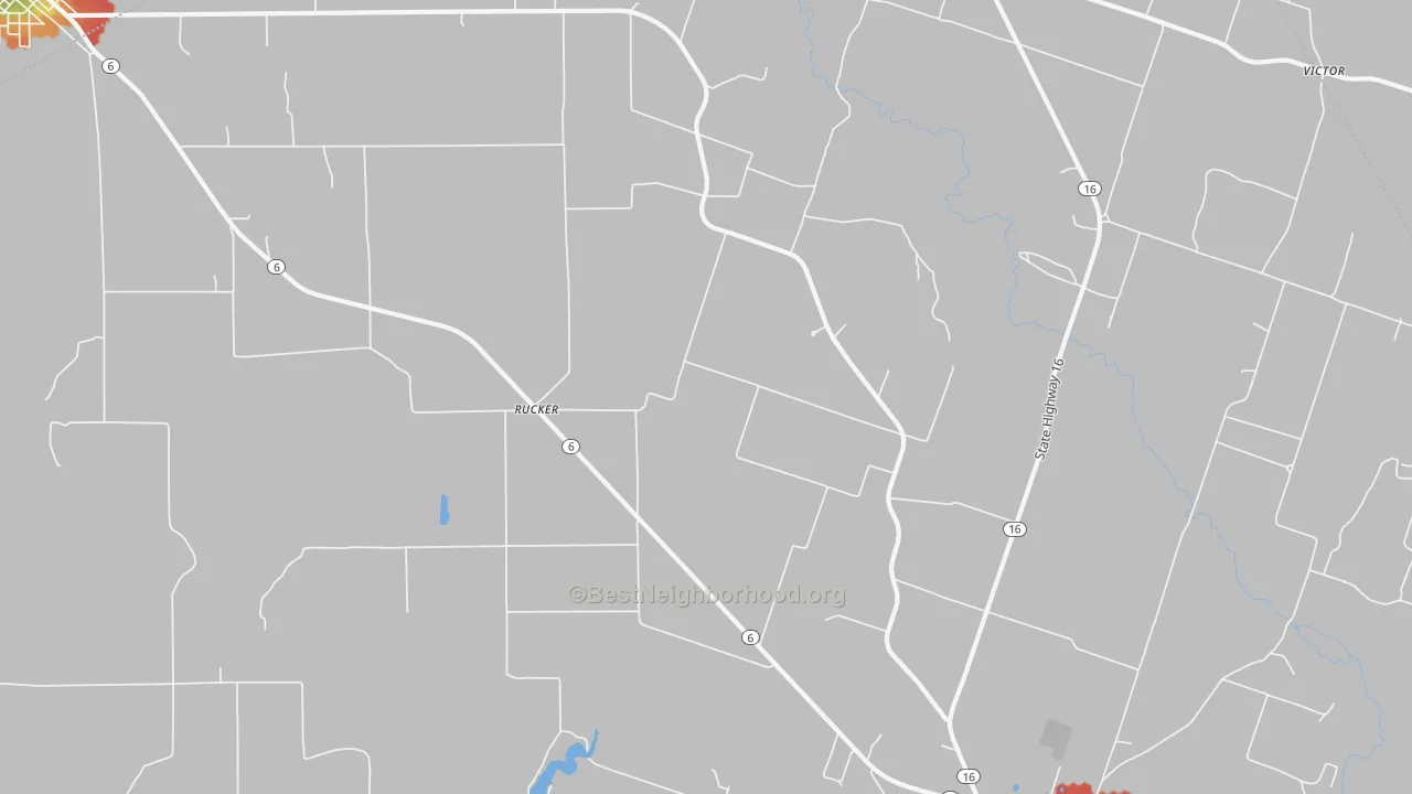 Walk Grade map of Rucker, TX, walkable areas in green and car-dependent areas in red